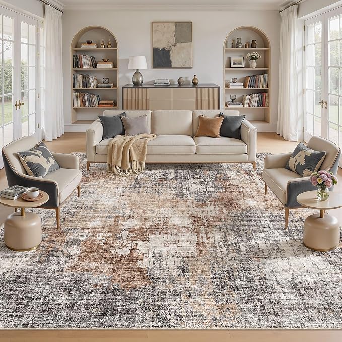 DMOYEST Square Area Rug Living Room Rugs - 10x10 Washable Large Soft Indoor Neutral Modern Abstract Low Pile Rug Carpet for Bedroom Dining Room Farmhouse Home Office - Grey Brown