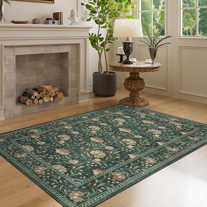 DUKINO 3x5 Rug, Washable Vintage Floral Bedroom Area Rug Non Slip, Green | Low Pile, Non-Shedding, Stain Resistant Boho Lightweight Soft Indoor Carpet for Bathroom Office Dining Living Room Farmhouse