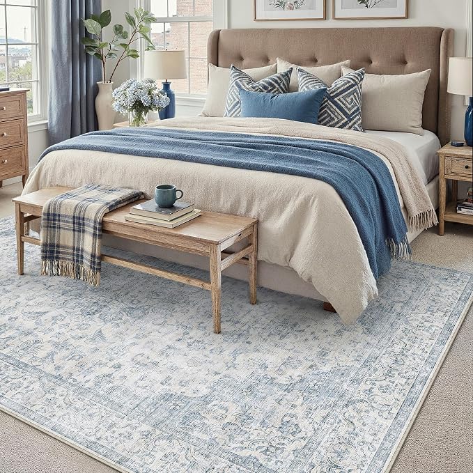 PureCozy 7x9 Area Rug Washable Neutral Blue Vintage Floral | Non Slip, Soft Low Pile, Indoor Carpet for Living Room, Bedroom, Dining Room, Coastal Decor