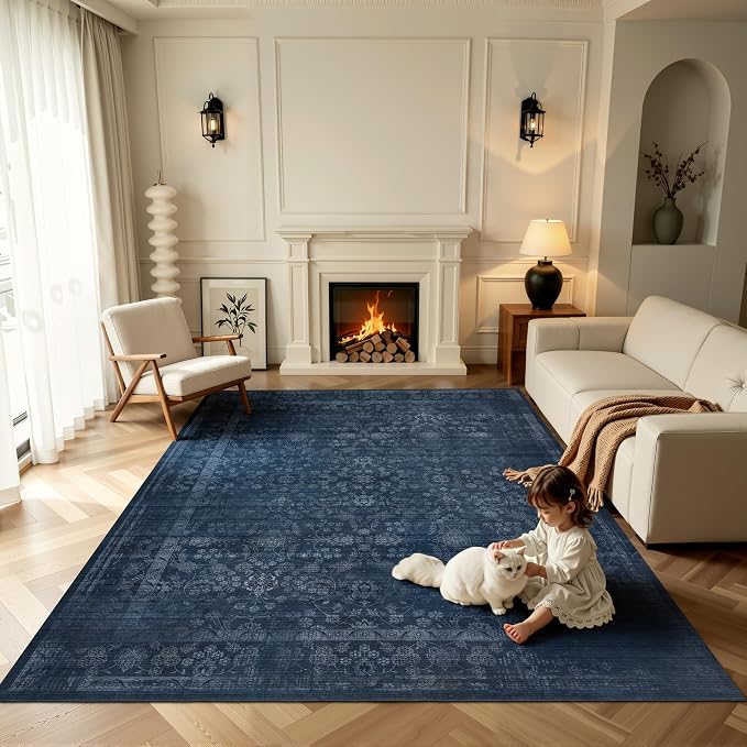 Ruaruarug Area Rug 8'×10', Non Slip Machine Washable Ultra Soft Stain & Fade Resistant, Pet & Kids Friendly, for Living Room/Bedroom/Kitchen/Classroom, Dark Blue