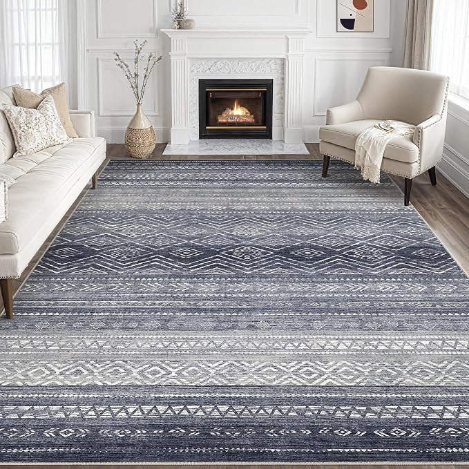 Tortania Area Rug Living Room Rugs- 8x12 Washable Large Soft Neutral Boho Moroccan Bohemian Farmhouse Rug Indoor Floor Carpet for Bedroom Under Dining Table Home Office Decor - Blue Gray