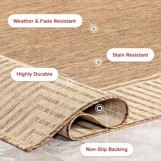 Nuloom Asha Light Brown/Ivory, 9'6" x 12', Casual, Striped Border, Soft and Cozy, High Traffic, Easy Clean, Durable Area Rug for Indoor/Outdoor Patio, Deck, Porch, Garden, Courtyard