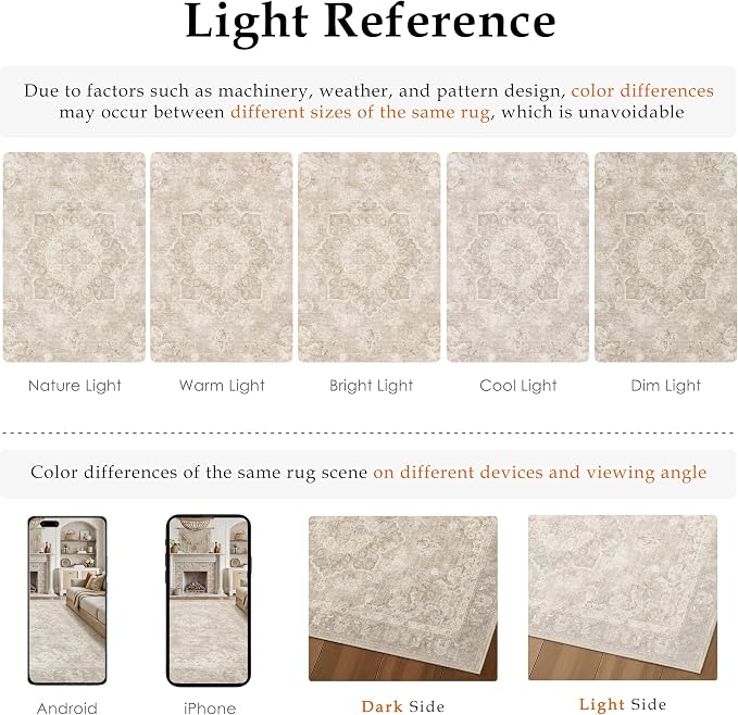 PureCozy 5x7 Area Rug Washable Beige Vintage Oriental Medallion | Non Slip, Soft Low Pile, Indoor Carpet for Bedroom, Living Room, Dining Room, Retro Decor