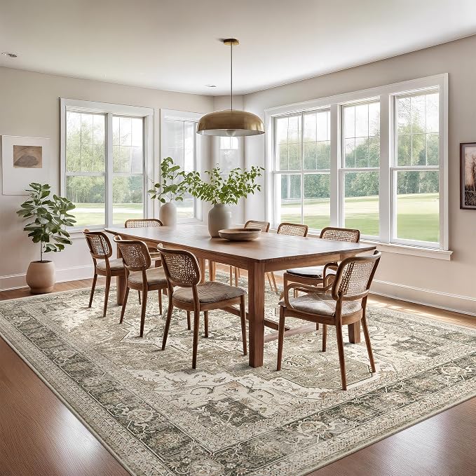Roxstand 9x12 Washable Area Rug, Vintage Non Slip Rugs, Brown/Beige | Soft Low Pile Design, Stain Resistant,Pet & Kid Friendly,Carpet for Living Room, Bedroom, Dining Room and Office Decor