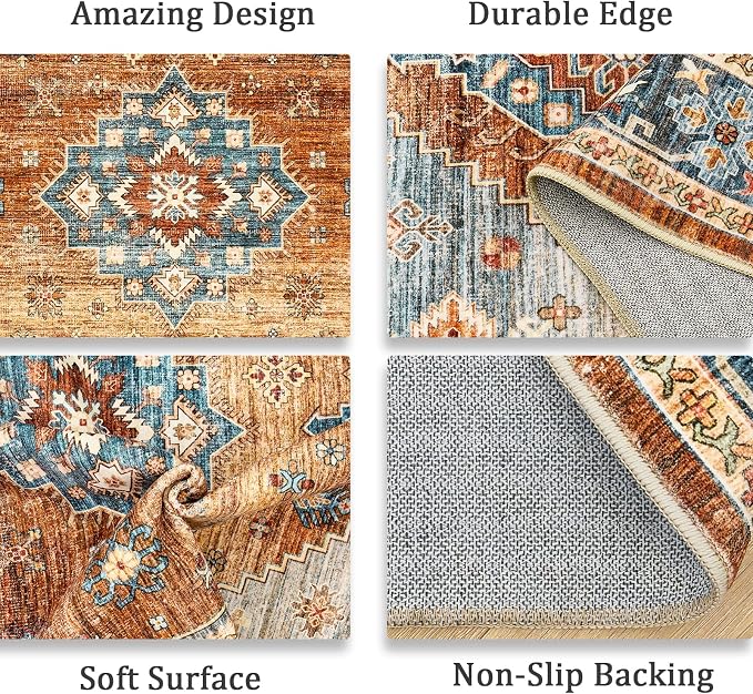 Roxstand 6x9 Washable Area Rug, Non Slip Living Room Rug Navy/Orange | Low Pile Vintage Rug, Stain Resistant, Non-Shedding Design, Pet & Kid Friendly, Carpet for Bedroom, Dining Room Office