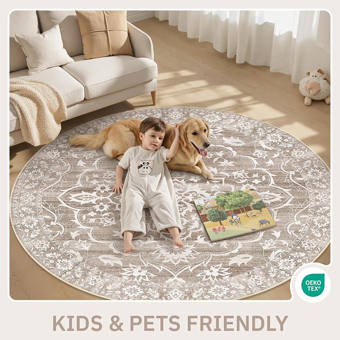 Soalmost Washable Round Rug 5ft for Living Room,Soft Circle Rug Light Brown | Vintage Floral Ultra-Thin Non-Slip 5x5 Round Throw Carpet for Entryway Nursery Bedroom Kitchen Dining Room 5'Round