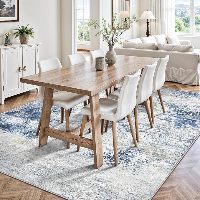 5x7 Area Rugs, Abstract Modern Ultra Soft Washable Rug, Non Slip Carpet with Rubber Back Stain Resistance Rugs for Living Room, Bedroom, Dining Room Decor(Blue & White)