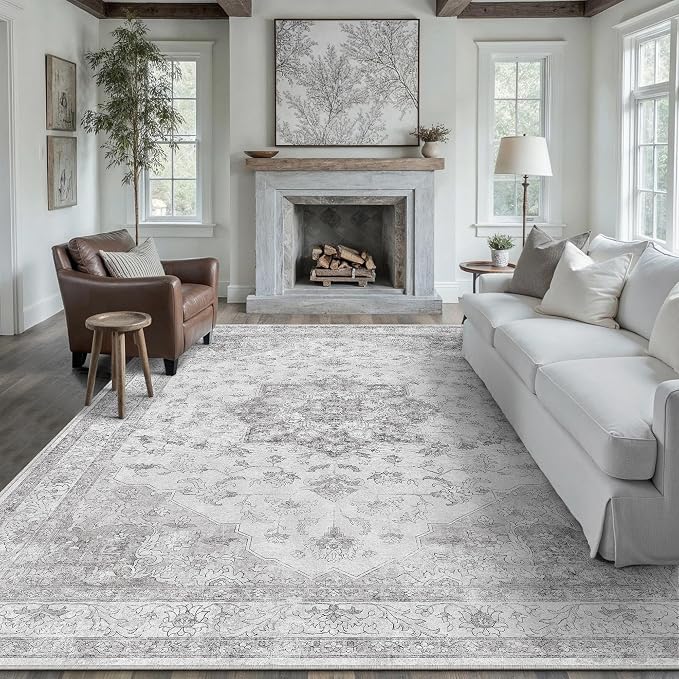 PureCozy Grey Gray Area Rug 6x9 Washable Vintage Carpet for Living Room Bedroom Large Soft Retro Low Pile Thin Indoor Rug Non Slip Oriental Medallion Floor Cover for Dining Room Office