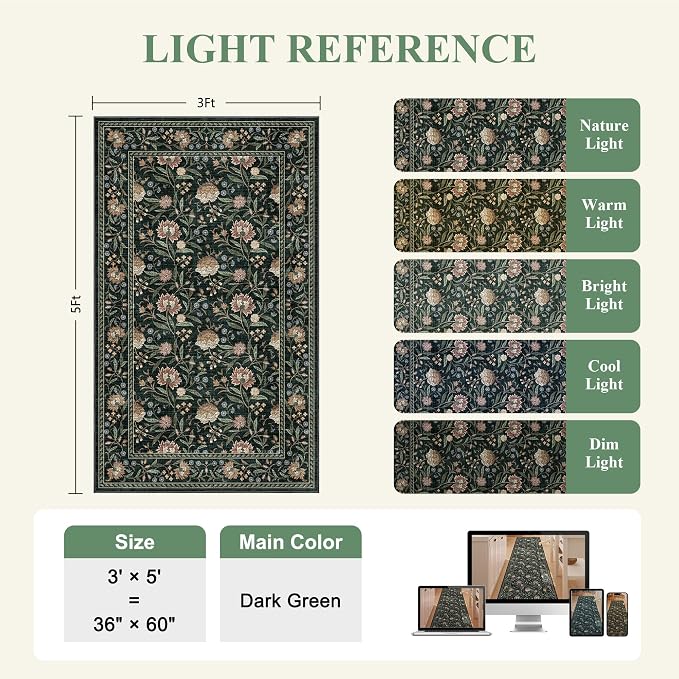 DUKINO 3x5 Rug Washable Vintage Floral Bedroom Area Rug Non Slip Dark Green | Low Pile, Non-Shedding, Stain Resistant Boho Lightweight Soft Indoor Carpet for Bathroom Office Dining Living Room Farmhouse