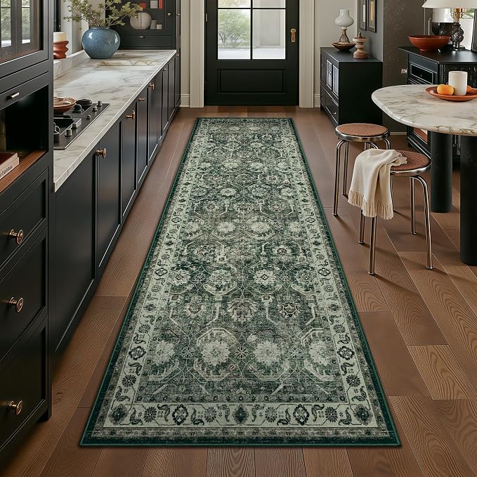 Runner Rug, Washable Non Slip Low Pile Kitchen Runner, Soft Boho Modern Rug for Hallways, Bedroom, 2'6"x 8, Sage Green