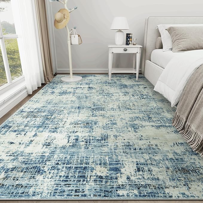 10x14 Area Rugs for Living Room Washable Rug: Anti-Skid Abstract Modern Living Room Rug Soft Thin Carpets Indoor Floor Non-Shedding Carpet for Bedroom Dining Farmhouse Nursery Blue Gray Gold
