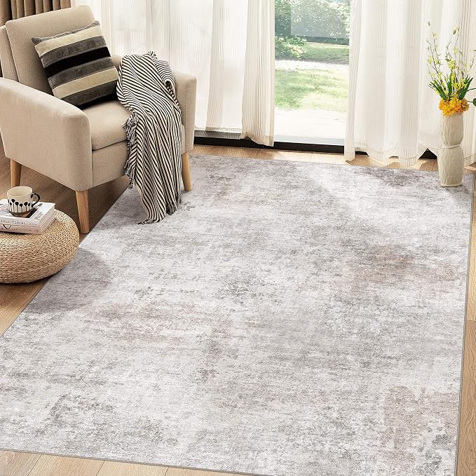 Abstract 5x7 Area Rug: Machine Washable Non Slip Ultra Thin Low-Pile Carpet, Soft Stain Resistant for Living Room Bedroom Nursery, Kid Pet Friendly, Robot Vacuum Compatible - Brown Grey