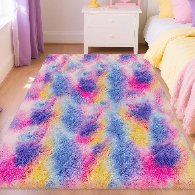 Rainbow Area Rugs 4x6 ft,Tie-Dyed Unicorn Fluffy Fuzzy Shaggy Carpet Soft Plush Furry Rug,for Bedroom Living Room Indoor Floor Rug Kids Girls Boys Home Decor Aesthetic, Dorm Nursery