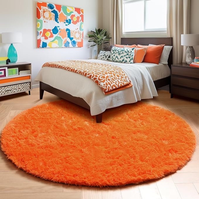 Amdrebio Orange Round Circle Rug 5Ft for Bedroom Living Room, Fluffy Fuzzy Shaggy Area Rugs for Kids Room Decor Aesthetic, Cute Furry Plush Shag Carpet for Baby Nursery Dorm Playroom, Teen Girls Boys