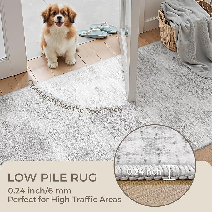 2x6 Runner Rug Non Slip,Washable Hallway Runner Rug,Grey | Neutral Rugs for Kitchen,Entryway,Bedroom,Bathroom,Nursery Room,Thin,Soft Runner Rug,Stain Resistant Indoor Carpet