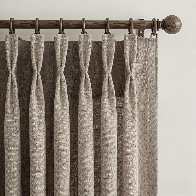 Pinch Pleated Semi Sheer Linen Living Room Curtains 96 Inches Long, Dark Flax Memory Shape Light Filtering 8FT Length Curtain for Bedroom Brown Privacy Rustic Windows Drapes 50 Inch Wide 2 Panels Set