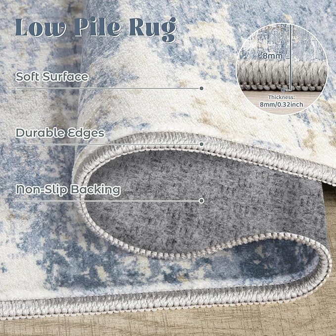 XLUEZ 2.6x8 Runner Rug for Hallway, Washable Modern Abstract Runner Rugs Neutral Soft Non Slip Kids Rug Stain Resistant Indoor Runners for Entryway Bedroom Kitchen Laundry Room(Blue, 2'6''x8')
