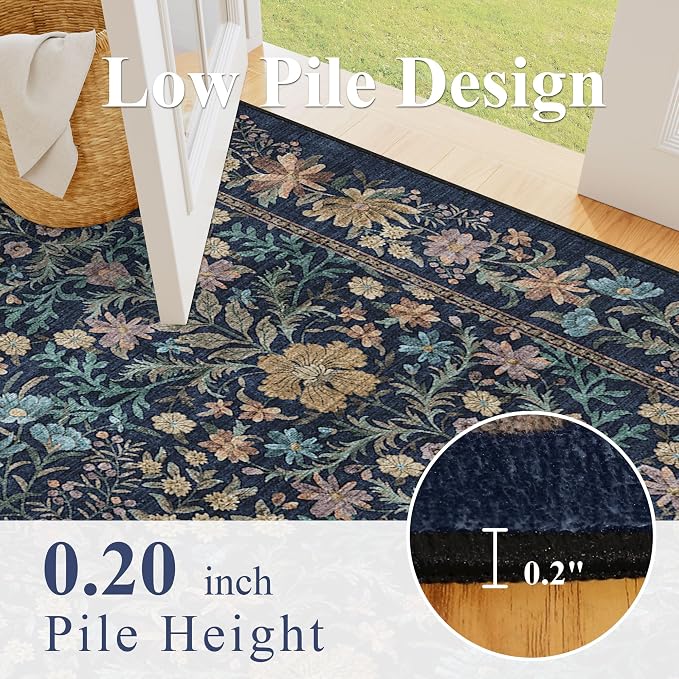 DUKINO 4x6 Rug for Living Room, Washable Vintage Floral Area Rug, Dark Blue | Non Slip, Low Pile, Non-Shedding, Aesthetic Lightweight Soft Indoor Carpet for Bedroom Kitchen Bathroom Entryway Farmhouse