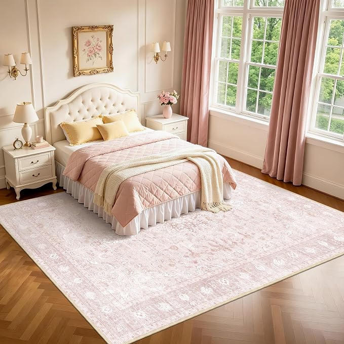 Pink Living Room Rugs 8x10, Neutral Vintage Boho Carpet for Bedroom Nursery | TTelephant Washable Low Pile Indoor Area Rug with Non-Slip Silicone Backing, Non-Shedding Thin
