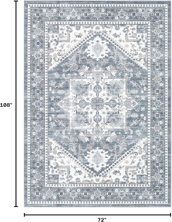 6x9 Vintage Area Rug: Washable Neutral Soft Non Slip Thin Large Floor Carpet for Living Room Bedroom Kitchen Dining Room Home Office Farmhouse Indoor - Blue