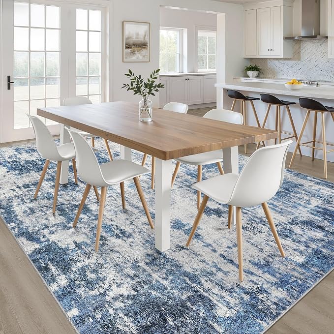 7x9 Area Rug Living Room: Washable Large Neutral Rug Abstract Soft Modern Stain Resistant Indoor Floor Non-Slip Carpet for Bedroom Nursery Kids Office Playroom Dining Room Under Table- Navy Gray