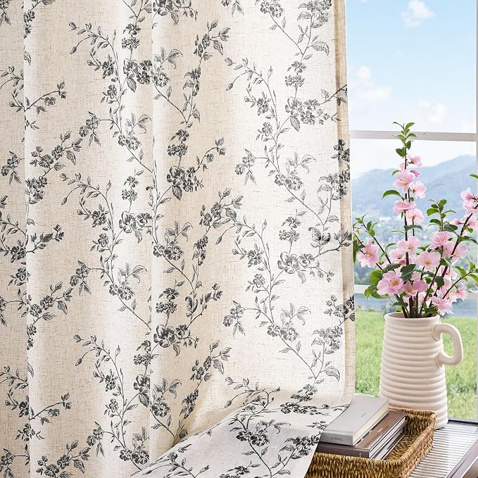 jinchan Black Floral Linen Curtains 84 Inch Rustic Drapes Back Tab 2 Panels | Black on beige, light filtering, semi sheer, farmhouse, country, privacy, flower, bedroom, living room, window treatment