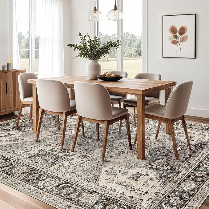 Area Rug for Living Room - 10x14 Soft Machine Washable Oriental Vintage Floral Distressed Large Indoor Floor Carpet for Bedroom Under Dining Table Home Office Decor - Brown