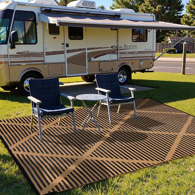 Lahome 6x9 Outdoor Plastic Straw Rug, Reversible Waterproof Camping Rug for Tent, Large Weatherproof Outside Carpet for Rv Beach Backyard Balcony Deck, Brown 6'x9'