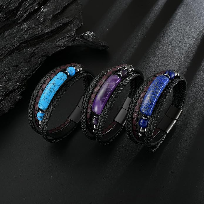 Mens Turquoise/Lapis Lazuli/Tiger Eye/Black Agate/Obsidian Leather Braided Bracelets for Father's Day/Birthdays/Graduation Jewelry Wristband Cuff Bracelet with Stainless Steel Clasp