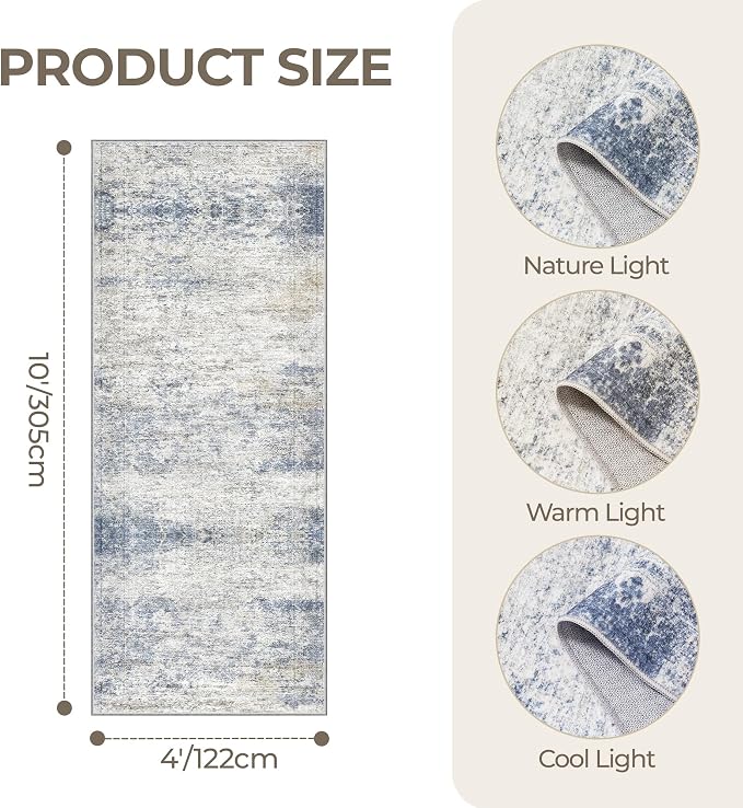 4x10 Runner Rug Non Slip,Washable Hallway Runner Rug,Blue | Area Rugs for Kitchen,Entryway,Bedroom,Bathroom,Nursery Room,Thin,Soft Runner Rug,Stain Resistant Indoor Carpet
