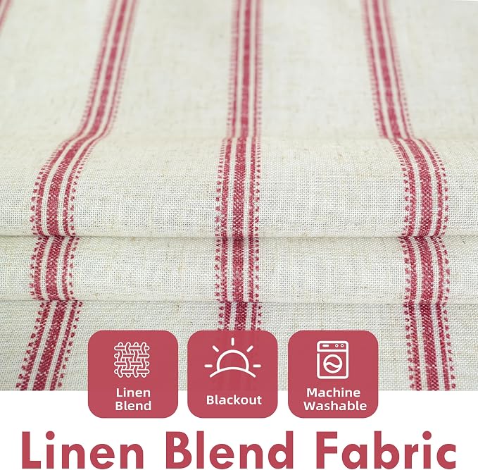 DriftAway Farmhouse Stripe Blackout Curtains, W52xL108, Red | Blackout, Linen Texture, Stripe Pattern, Rod Pocket & Back Tab, Two Layers, Bedroom Living Room Use, Sound Reducing Design