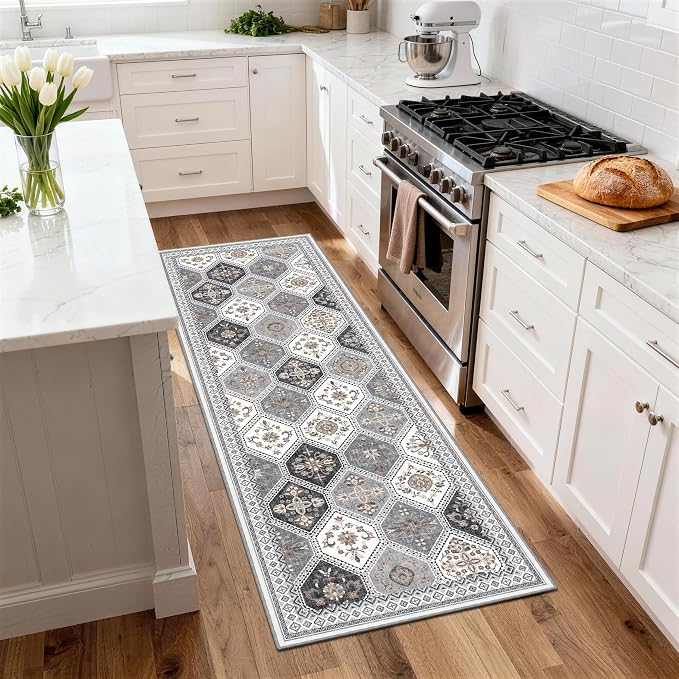 2x6 Runner Rug, Soft Non-Slip Boho Moroccan Rug, Gray/Gold | Low-Pile Printed Indoor Runners for Entryway, Hallways, Kitchen, Laundry Room, Bedside