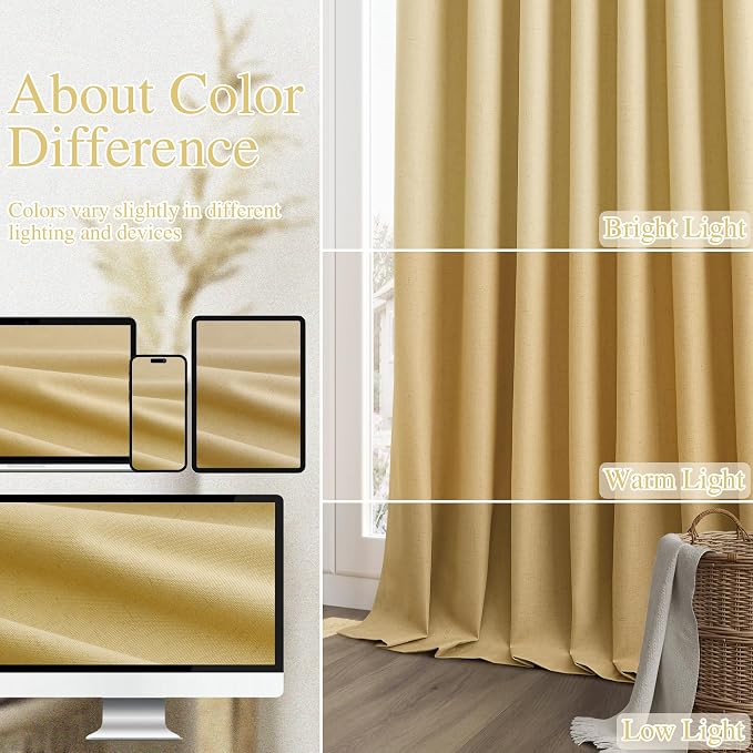 Guken 100% Blackout Curtains 108 Inch Length 2 Panels Set for Living Room Bedroom Back Tab Thermal Insulated Black Out Linen Drapes Room Darkening Window Curtains Gold Yellow 52x108
