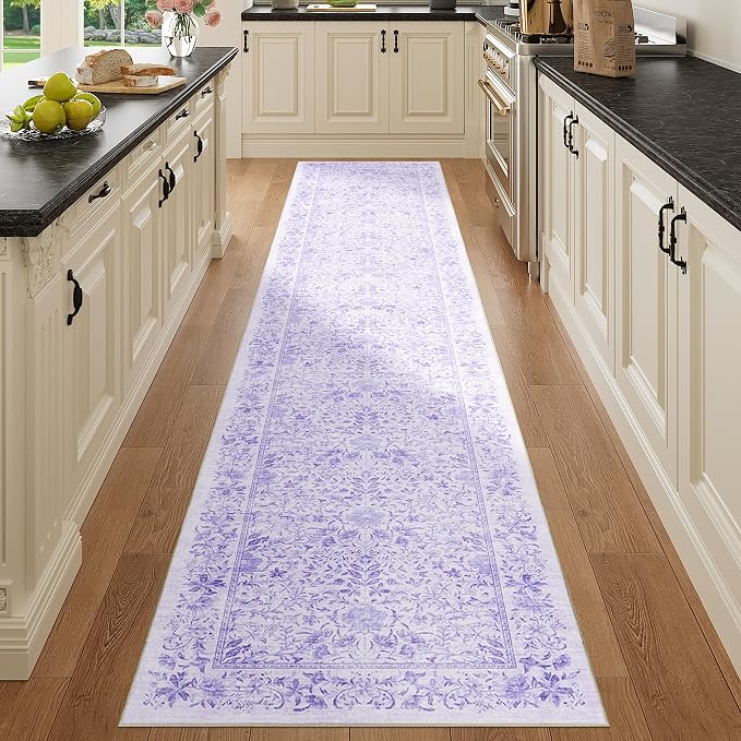 DUKINO 2x10 Runner Rug, Washable Vintage Floral Kitchen Rug, Purple | Non Slip, Low Pile, Non-Shedding, Stain Resistant Soft Long Runner Carpet for Hallway, Bathroom, Bedroom, Entryway, Farmhouse