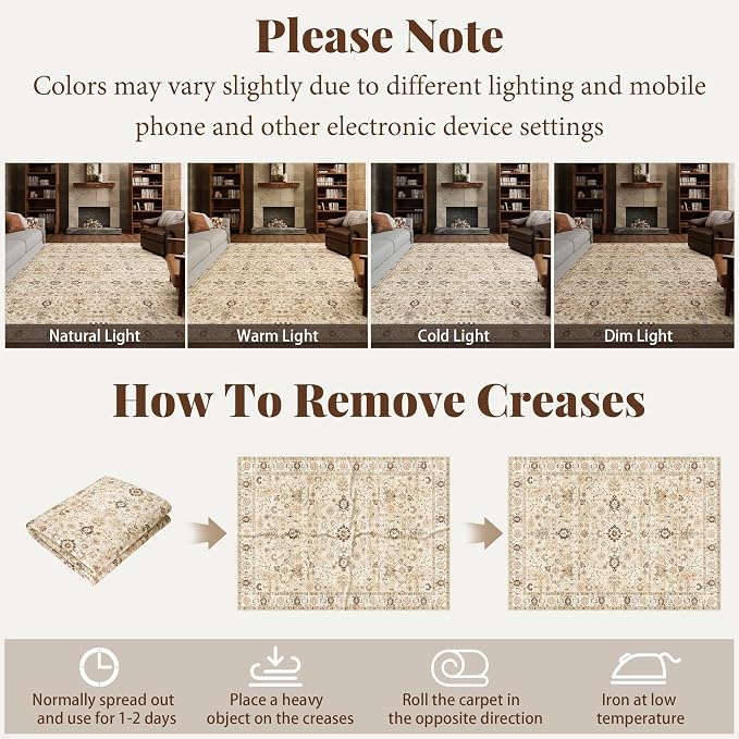 Washable Rugs for Living Room: 6x9 Area Rugs for Bedroom Ultra Soft Non-Slip Stain Resistant Vintage Boho Large Carpet for High-Traffic Dining Room - Farmhouse Decor
