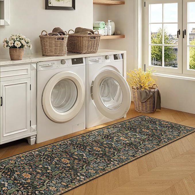 2x10 Washable Runner Rug,Black Brown Floral Boho Area Rug for Hallway,Low-Pile Non-Slip Stain Resistant Carpet for Kitchen, Bedside,Laundry Room,Entryway