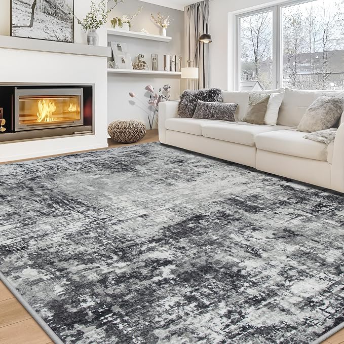 8x10 Area Rugs for Living Room Rug Washable: Modern Large Rug for Dining Room Bedroom Carpet Non Slip 8 by 10 Indoor Abstract Nursery Home Office Black Grey