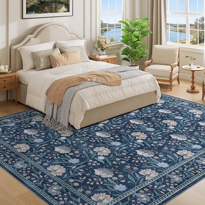 DUKINO 8x10 Area Rug Vintage Floral Washable Rug for Living Room, Dark Blue | Non Slip, Low Pile, Non-Shedding, Stain Resistant Boho Soft Indoor Large Carpet for Bedroom Dining Room Farmhouse, Home Decor