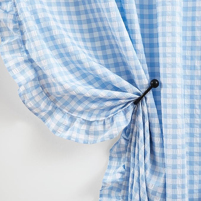 ZJDECOR Blue Buffalo Plaid Not-See-Through Sheer Ruffle Curtains 63 Inch | Woven Crinkled Drapes for Bedroom Living Room,Shabby Chic Window Treatment for Kids Room Nursery,Rod Pocket,40"Wx63"Lx2