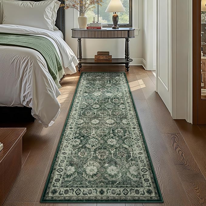 Runner Rug, Washable Non Slip Low Pile Kitchen Runner, Soft Boho Modern Rug for Hallways, Bedroom, 2'6"x 8, Sage Green