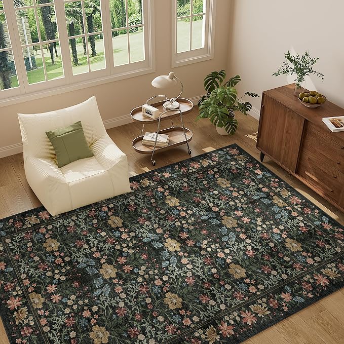 DUKINO 5x8 Area Rug, Vintage Floral Washable Rugs for Living Room, Black | Non Slip, Low Pile, Stain Resistant, Non-Shedding Soft Boho Floor Carpet for Bedroom, Dining Room, Home Office, Farmhouse