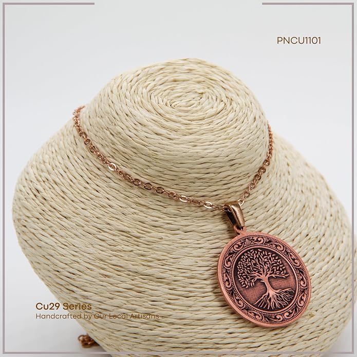 Tree of Life Pure Copper Pendant Necklace, Engraved Round Medallion (1.2”), 20.5” Stainless Steel Chain, Gift-Boxed | Aspendos