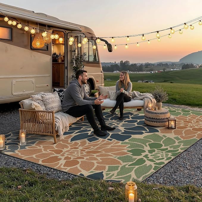 PureCozy 6x9 Easy Jute Outdoor Rug Navy/Organge Floral Textured Indoor Outdoor Area Rug Farmhouse Patio Carpet for Backyard, Patio, Porch, Easy-Cleaning, High Traffic, Pet-Friendly, Non-Shedding