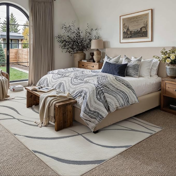 HUGEAR Shag Area Rug 6x9 Grey & Ivory Washable Living Room Bedroom Rug Non Slip Non-Shedding Soft Plush Medium Pile Large Throw Carpet for Home Office Aesthetic Modern Decor