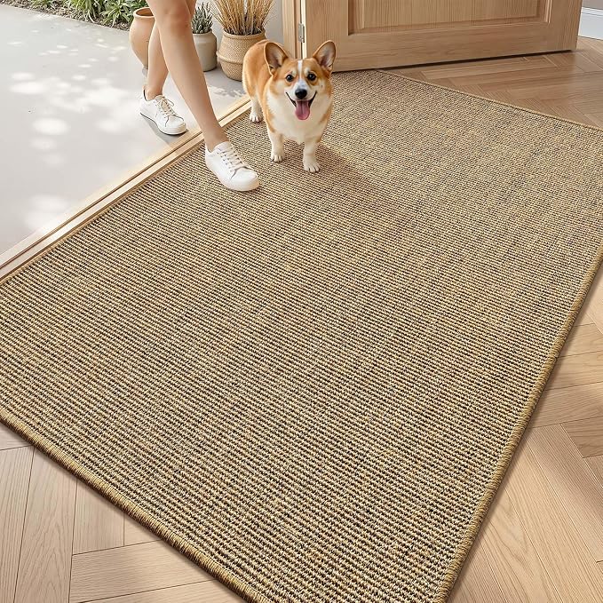 LUMI Indoor Door Mat 32"x48", Non-Slip Handwoven Sisal Rug, Solid Brown | Handcrafted Natural Sisal Fibers, Reinforced Edges Resist Fraying, 0.2" Low-Profile Doormat, Dot-Coated Non-Slip Backing
