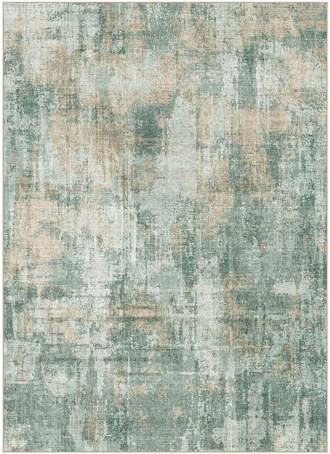 DMOYEST 8x10 Area Rug for Living Room, Washable & Non Slip Large Indoor Carpet, Kid & Pet Friendly Soft Thin Low Pile Abstract Rug for Bedroom and Office - Green