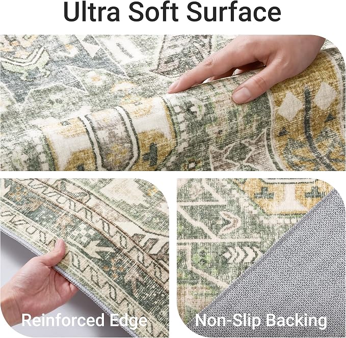 befbee Washable Rug 8x10 Area Rugs for Living Room - Stain Resistant Non-Slip Backing Rugs for Bedroom - Vintage Large Area Rug (Green/Gold, 8'x10')