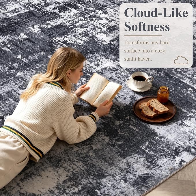 Sasttie 9x12 Soft Area Rug for Living Room, Modern Abstract Washable Large Carpet for Bedroom, with Non-Slip Backing, Black and White