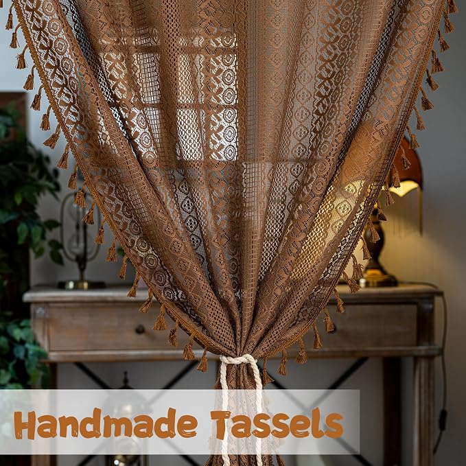Sutuo Home Dark Coffee Door Curtain for Door Window, Lace Sheer Doorway Curtain for Closet Crochet Vintage Tassels Bohemian Privacy Temporary Room Divider Rod Pocket,1 Panel 37" x 80"