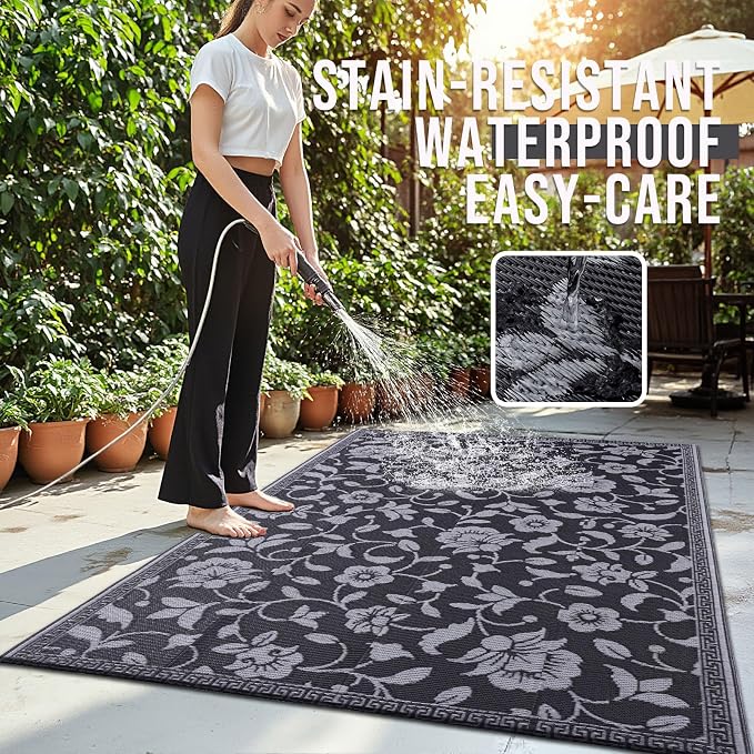 OLANLY Waterproof Outdoor Rug 4x6 ft, Outdoor Plastic Straw Rug with Flower Pattern, Reversible RV Mat for Patio, Camping, Balcony, Deck, Backyard, Black & Grey